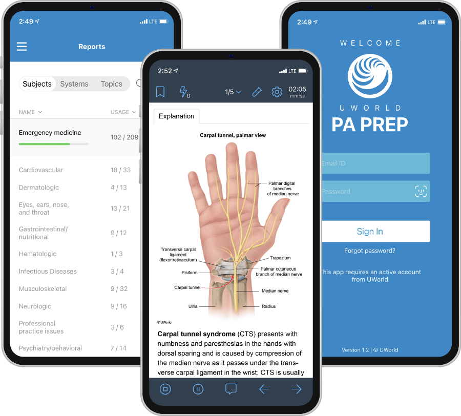 PA Exam Mobile App Screens