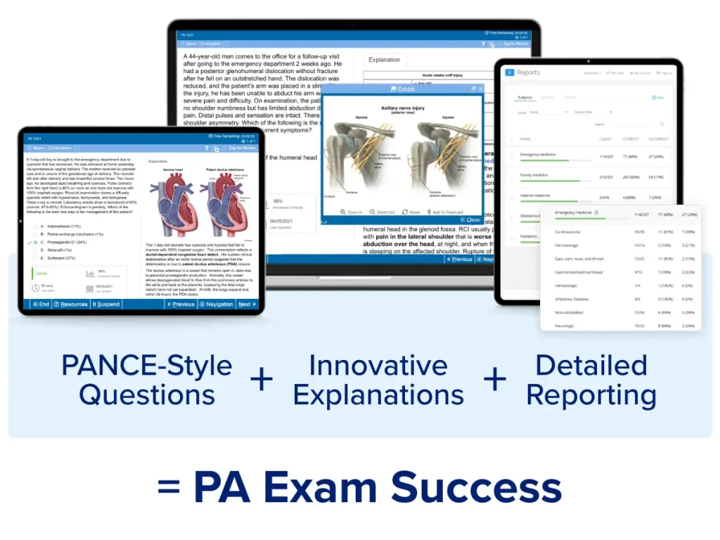 UWorld PANCE-style questions, answer explanations and the detailed reporting included in the UWorld PA QBank