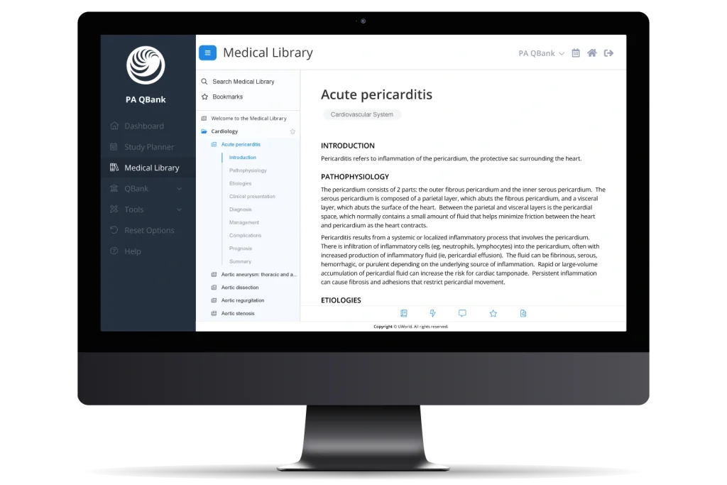 UWorld PA Medical Library on a desktop