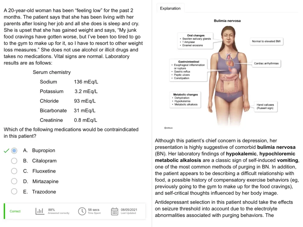 UWorld PANRE question depicting bulimia nervosa