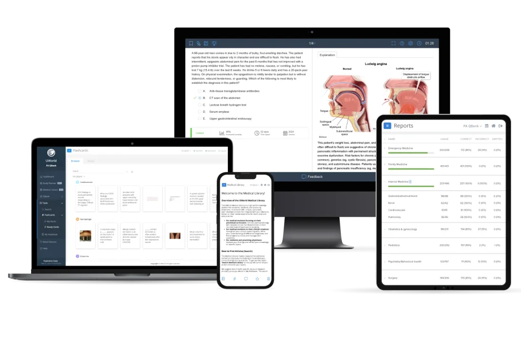 UWorld PA Qbank product features in multiple device formats: desktop, laptop, tablet, and smartphone
